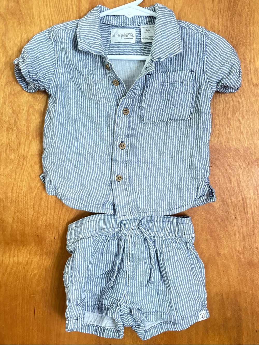 Little Planet by Carter's Blue & White Striped Baby Shirt + Short Set, 6 month